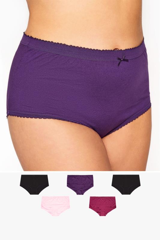 Plus Size  5 PACK Curve Purple & Black High Rise Full Briefs