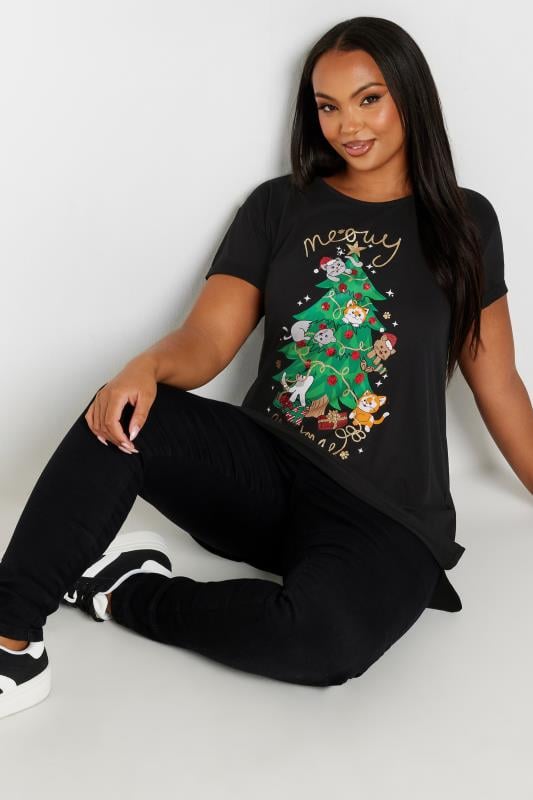 YOURS Plus Size Black 'Meowy Christmas' Slogan T-Shirt | Yours Clothing  3