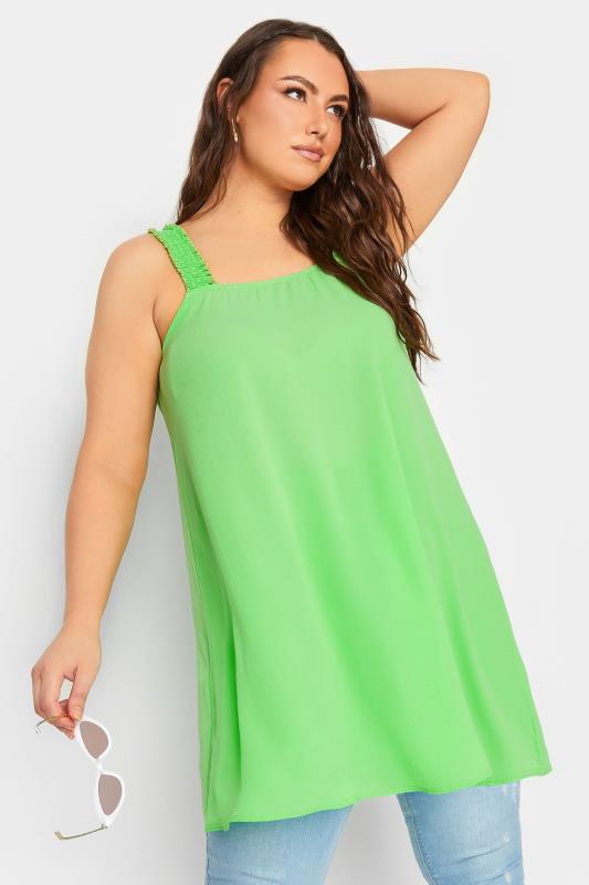 LIMITED COLLECTION Plus Size Bright Green Shirred Strap Cami Vest Top | Yours Clothing  1