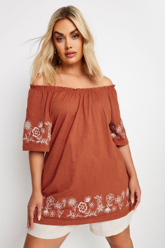 YOURS Plus Size Orange Embroidered Detail Bardot Top | Yours Clothing 1