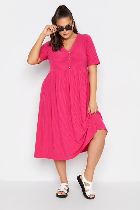Plus Size  LIMITED COLLECTION Curve Hot Pink Ribbed Peplum Midi Dress