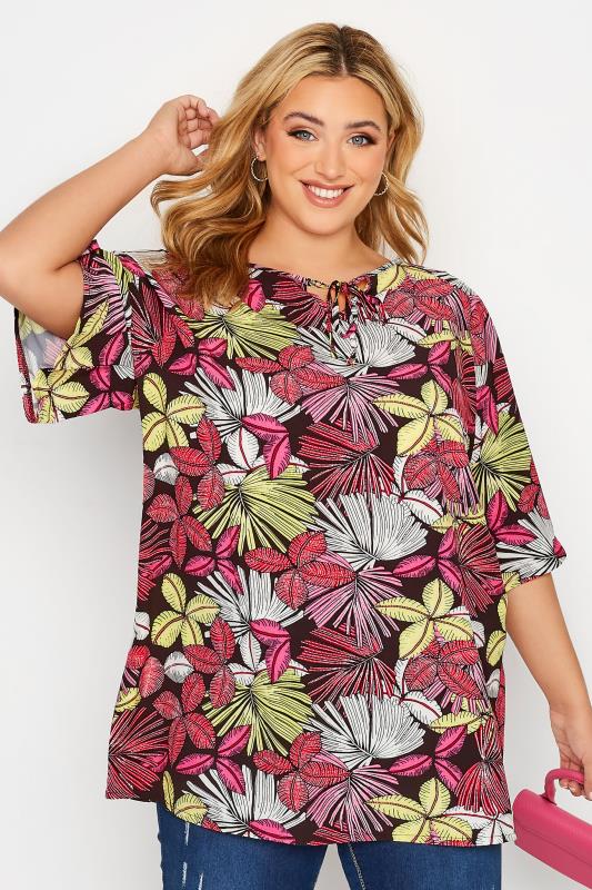 Plus Size Black Tropical Print Tie Neck Top | Yours Clothing 1