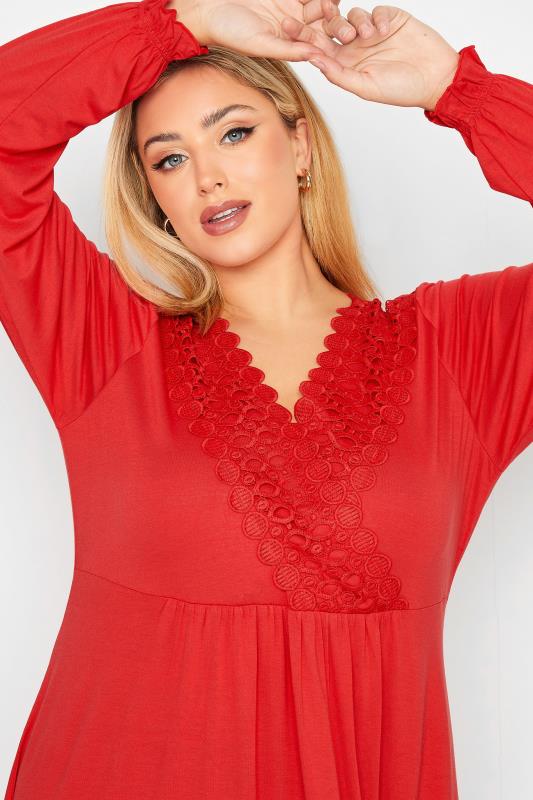 YOURS Plus Size Curve Red Crochet Long Sleeve Tunic Top | Yours Clothing  4