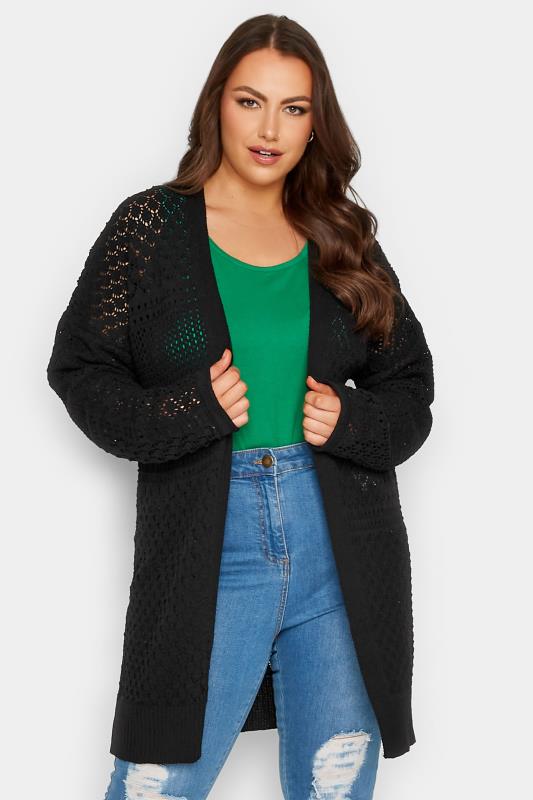 YOURS Plus Size Black Pointelle Longline Cardigan | Yours Clothing 1