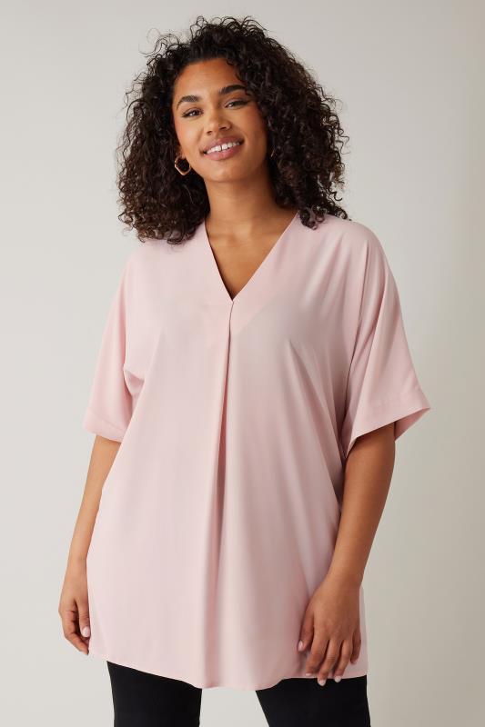 EVANS Plus Size Baby Pink Pleat Front Blouse | Evans 1