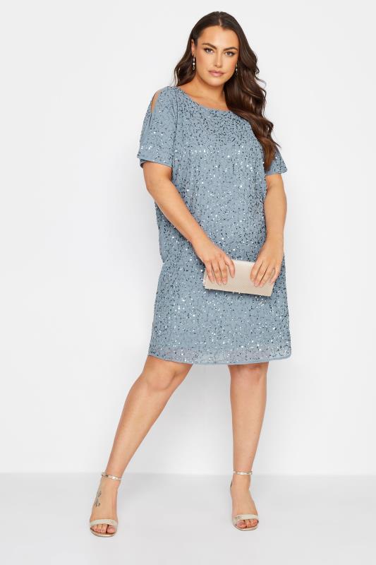 LUXE Plus Size Light Blue Sequin Hand Embellished Cape Dress | Yours Clothing 2