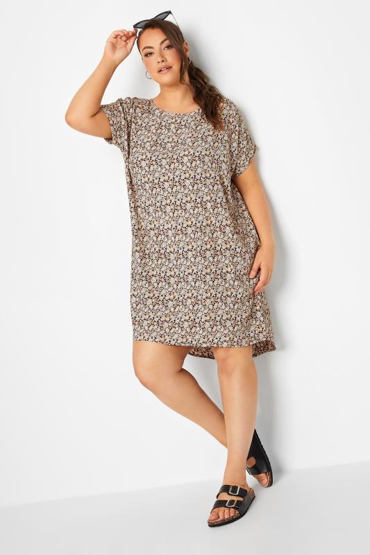 YOURS Plus Size Brown Ditsy Print Shift Dress | Yours Clothing 1