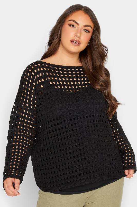 YOURS Plus Size Curve Black Long Sleeve Crochet Jumper | Yours Clothing  1