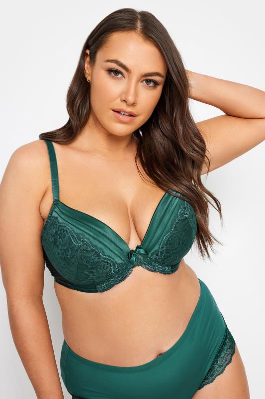 Plus Size  YOURS Curve Green Lace Detail Satin Padded Plunge Bra