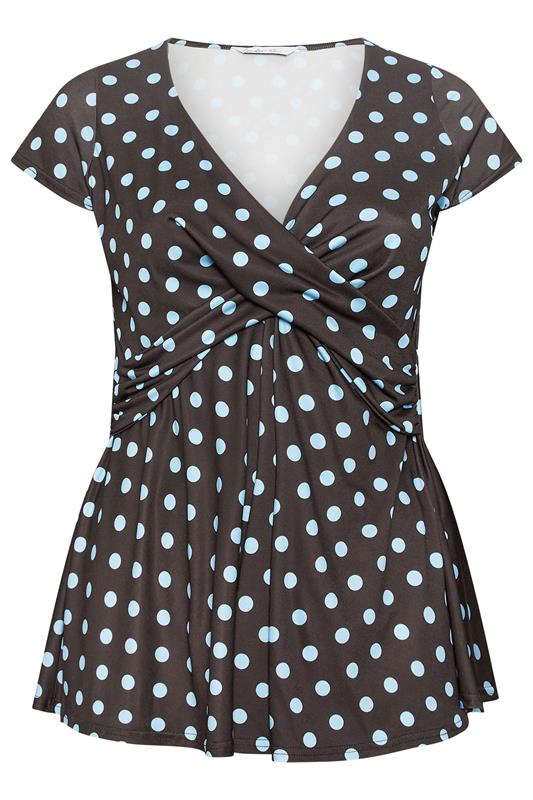 YOURS LONDON Plus Size Chocolate Brown Polka Dot Wrap Front Top | Yours Clothing 5
