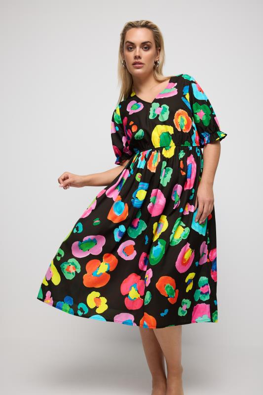 Plus Size  YOURS Curve Black Rainbow Leopard Print Midi Dress