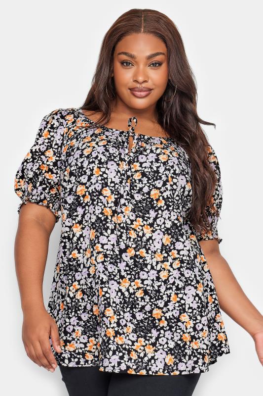  Grande Taille YOURS Curve Black & Orange Floral Print Gypsy Top