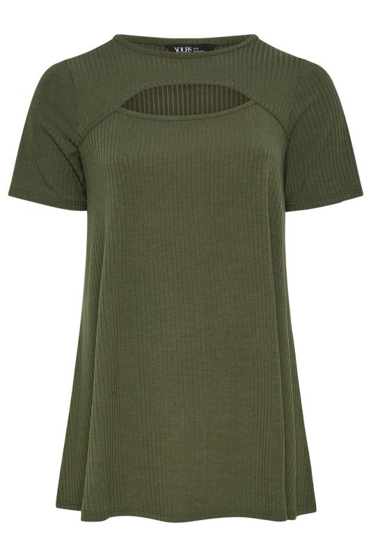 YOURS Plus Size Khaki Green Ribbed Cut Out T-Shirt | Yours Clothing 5