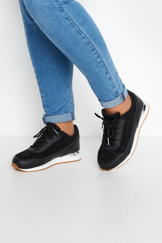 Black Glitter Metallic Trim Trainers In Wide E Fit | Yours Clothing 1