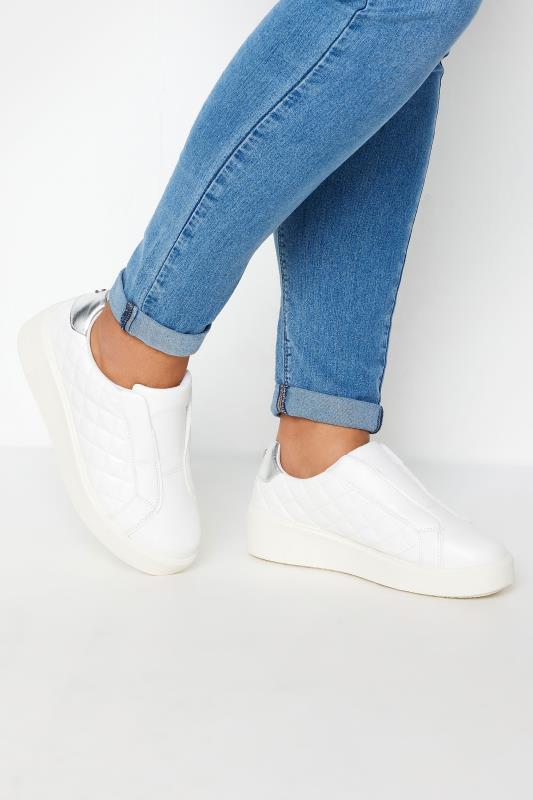 White Quilted Platform Trainers In Extra Wide EEE Fit | Yours Clothing 1