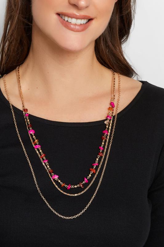  3 PACK Gold & Pink Stone Long Necklace Set