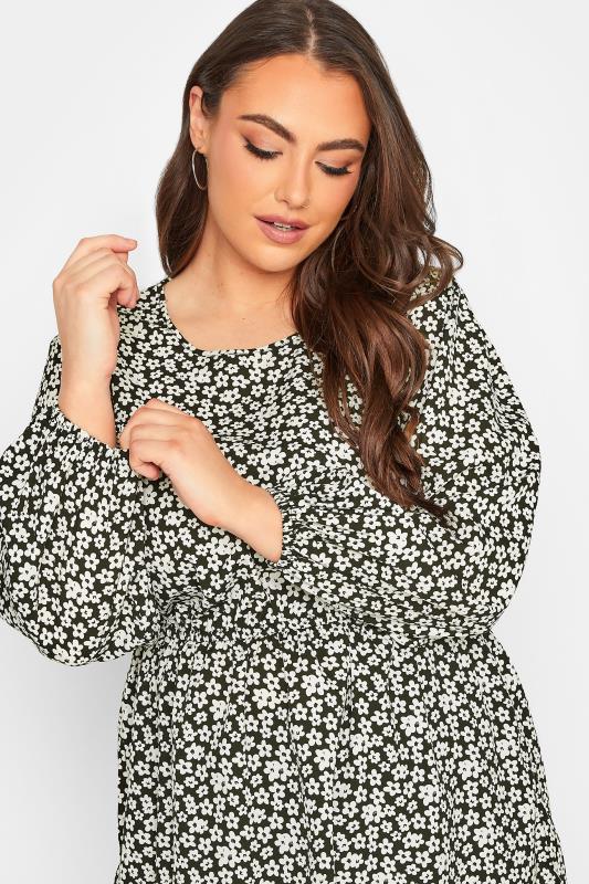 Curve Plus Size Black & White Floral Balloon Sleeve Shirred Waist Peplum Top | Yours Clothing  4