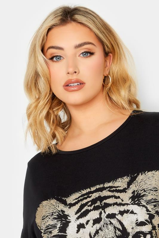 YOURS Plus Size Black & Gold Glitter Tiger Print Split Hem T-Shirt | Yours Clothing 4