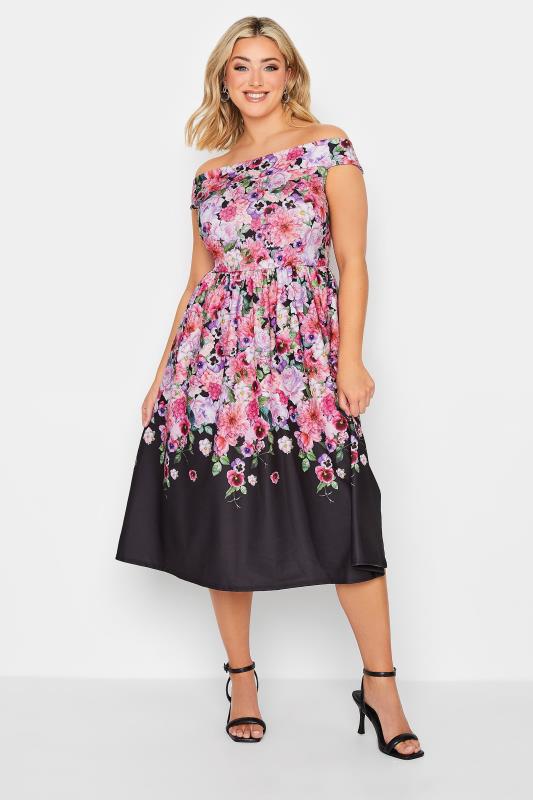 YOURS PETITE Plus Size Curve Black Floral Border Bardot Dress | Yours Clothing  2
