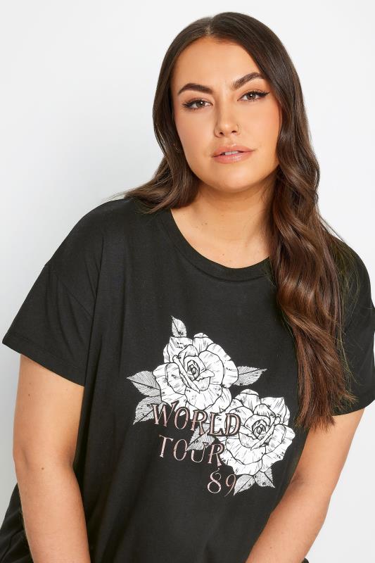YOURS Plus Size Black 'World Tour' Rose Print T-Shirt | Yours Clothing 4