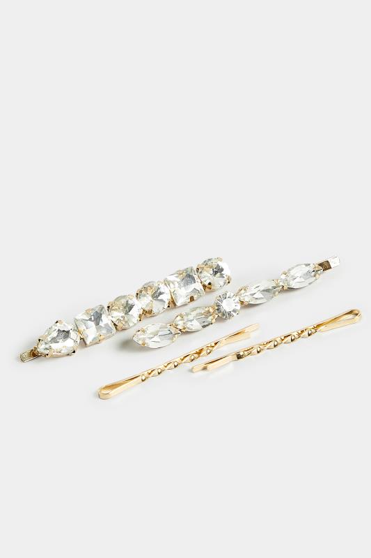 4 PACK Gold Crystal Hairslide Set | Yours Clothing 3