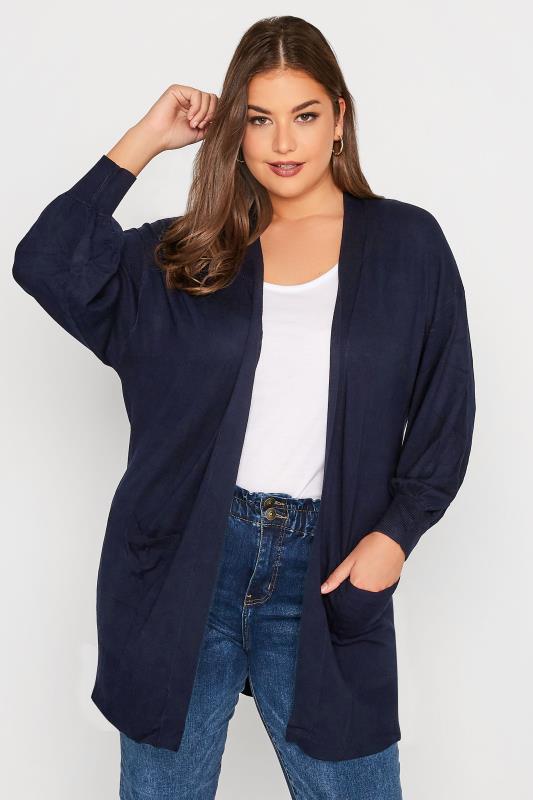 Plus Size Curve Navy Blue Balloon Sleeve Fine Knit Cardigan | Yours Clothing 1