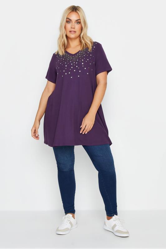 YOURS Plus Size Purple Star Stud Embellished Top | Yours Clothing