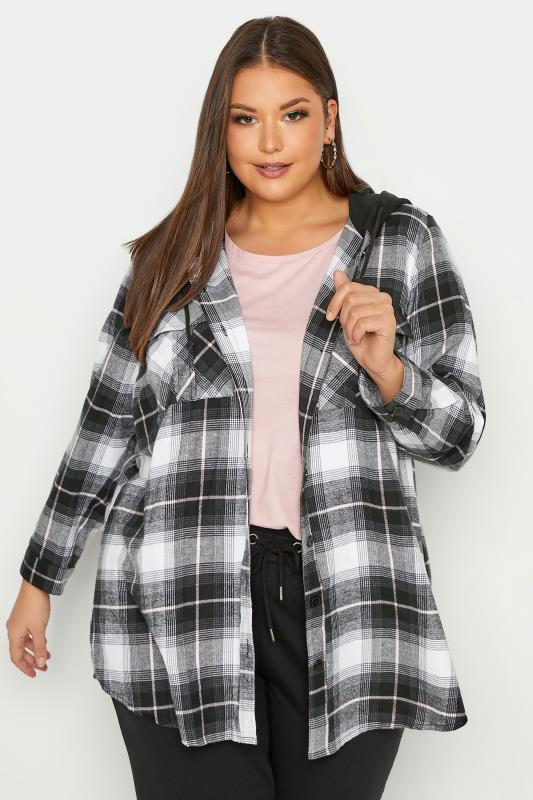Plus Size Black & White Check Hooded Shirt | Yours Clothing 1