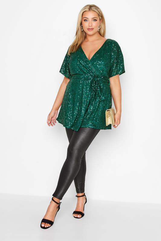 YOURS LONDON Plus Size Emerald Green Sequin Embellished Wrap Top | Yours Clothing 2