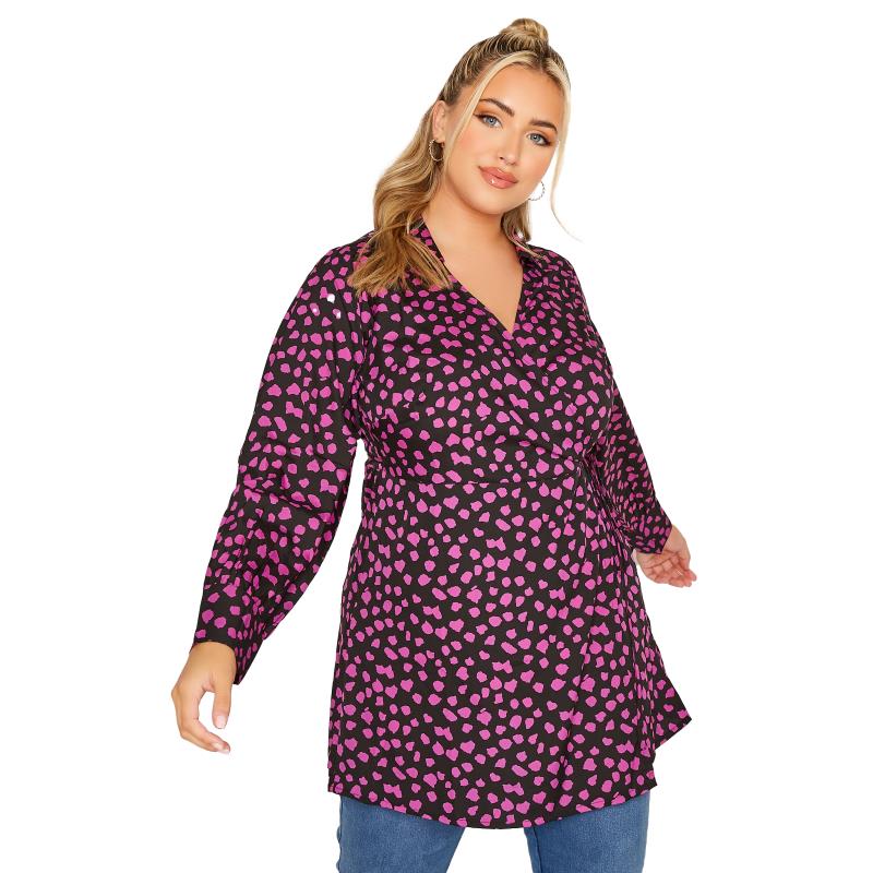 LIMITED COLLECTION Plus Size Black & Pink Dalmatian Print Collar Wrap Top | Yours Clothing 6