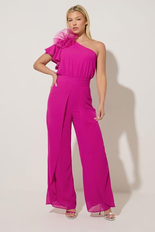  STAR fuchsiaroze jumpsuit met wijde pijpen en corsage