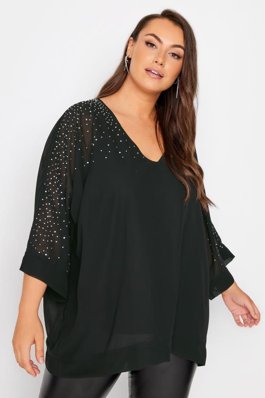 YOURS LONDON Plus Size Black Diamante Embellished Cape Top | Yours Clothing 1