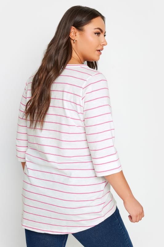 YOURS Plus Size White & Pink Stripe Notch Neck Top | Yours Clothing 3