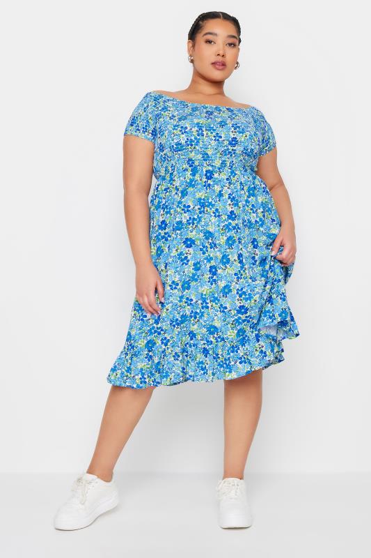 YOURS Plus Size Blue Shirred Bardot Midi Dress | Yours Clothing 1