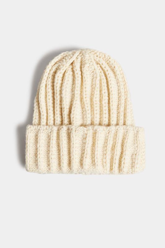 Cream Ribbed Knitted Beanie Hat | Yours Clothing 2