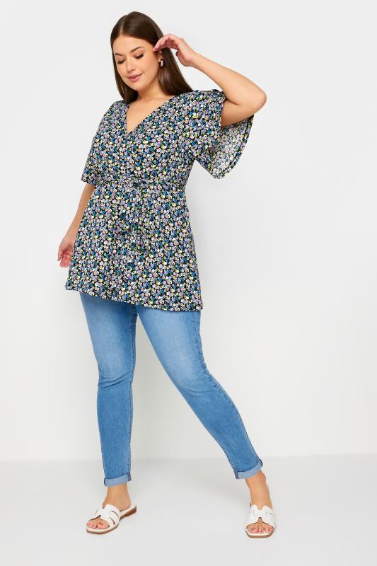 YOURS Plus Size Black Floral Print Textured Wrap Top | Yours Clothing 2
