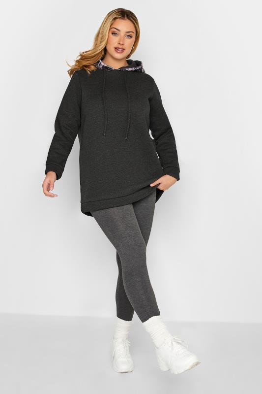 Plus Size Charcoal Grey & Purple Check Hoodie | Yours Clothing  2