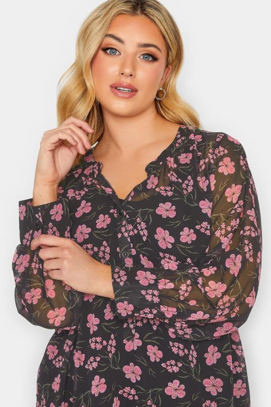 Plus Size Black Floral Print Balloon Sleeve Shirt | Yours Clothing 4