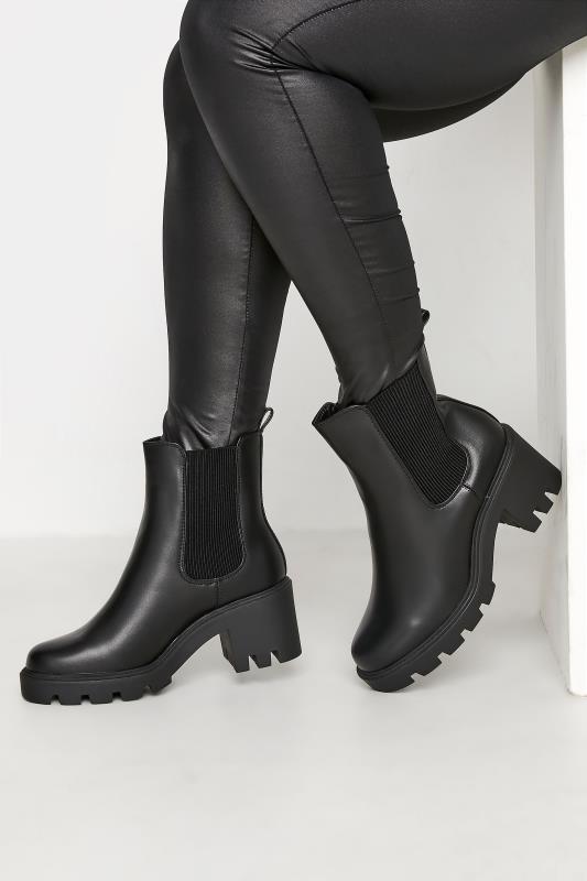 LIMITED COLLECTION Black Leather Look Heeled Chealsea Boots In Wide E Fit 1