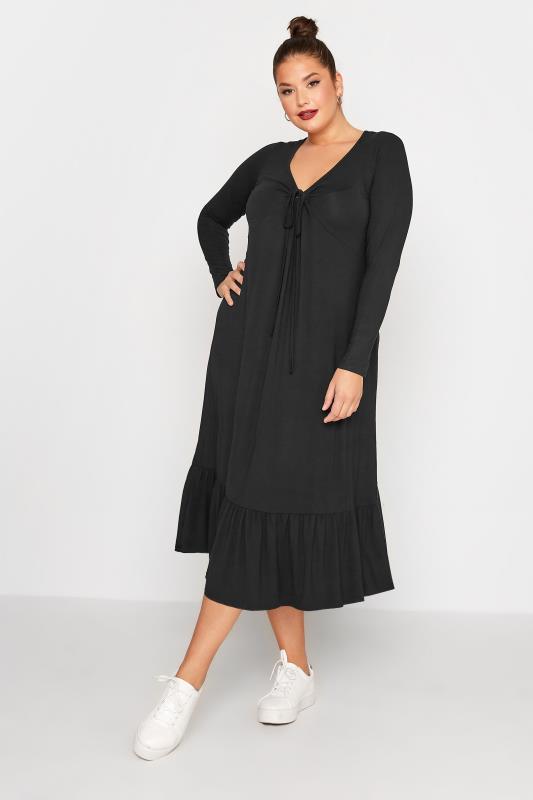 LIMITED COLLECTION Plus Size Black Keyhole Tie Neck Midaxi Dress | Yours Clothing 2