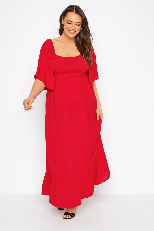 LIMITED COLLECTION Plus Size Red Ruched Angel Sleeve Dress | Yours Clothing 1