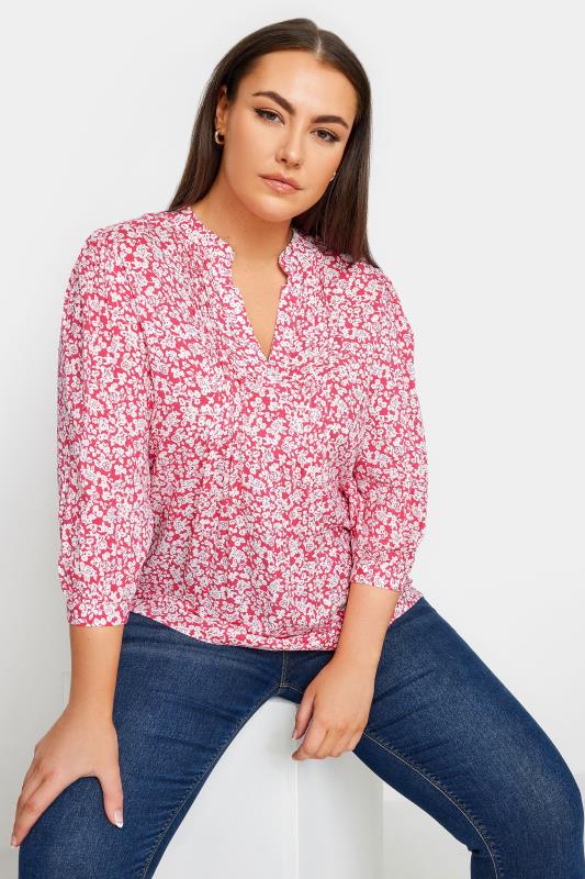 YOURS Plus Size Pink Floral Print Pintuck Blouse | Yours Clothing 1