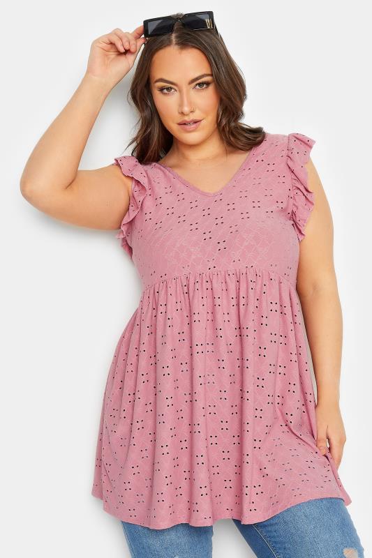 LIMITED COLLECTION Plus Size Pink Broderie Anglaise Frill Top | Yours Clothing 1