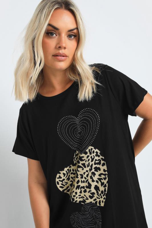 YOURS Plus Size Black Glitter Heart Print T-Shirt | Yours Clothing 4