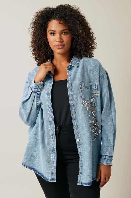 EVANS Plus Size Blue Denim Sequin Embellished Shirt | Evans 1