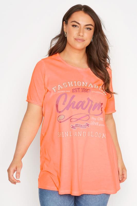  Tallas Grandes Curve Orange 'Charm' Slogan Printed T-Shirt