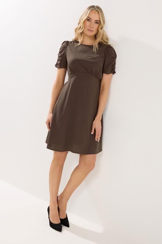  LTS Tall Chocolate Brown Ruched Sleeve Mini Dress