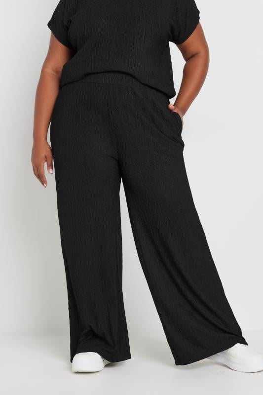  Tallas Grandes YOURS Curve Black Crinkle Plisse Wide Leg Trousers