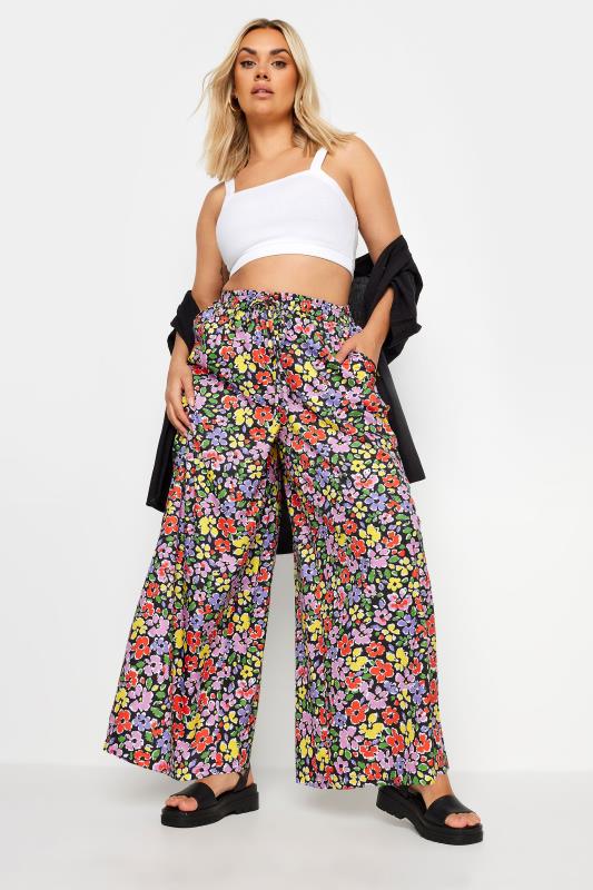 LIMITED COLLECTION Plus Size Black Ditsy Floral Print Drawstring Wide Leg Trousers | Yours Clothing 2