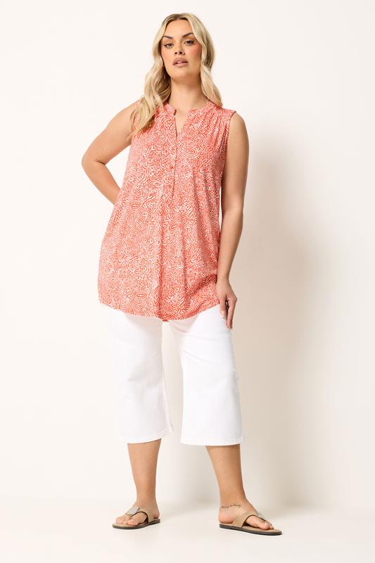 YOURS Plus Size Orange Floral Ikat Print Sleeveless Swing Blouse | Yours Clothing 1